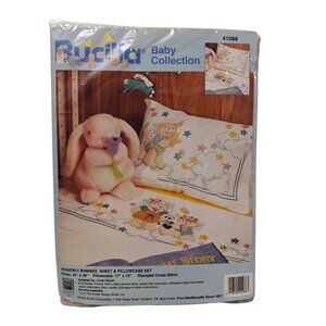 Bucilla Heavenly Bunnies Stamped Cross Stitch Kit Sheet & Pillowcase Set 41088